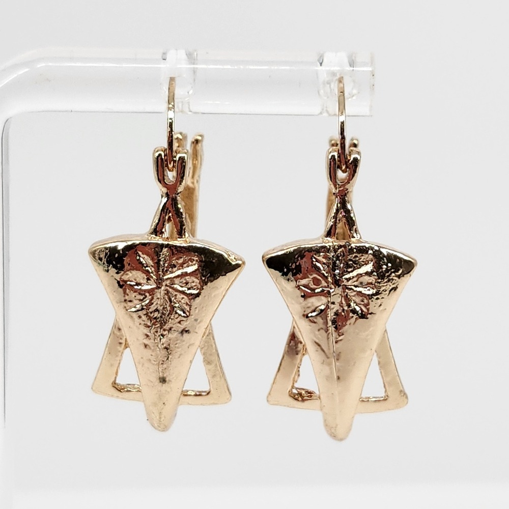 Gold Tone Geometric Sunburst Shield Earrings Celestial Statement Leverback